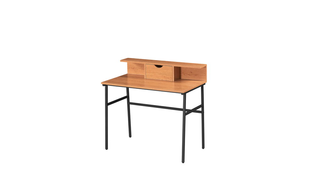 Biurko industrialne z nadstawką z szufladą po środku i 2 wnękami.