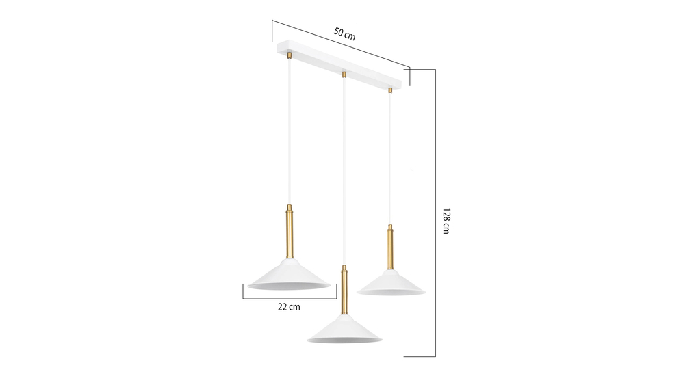 MANDARIN to lampa wisząca z 3 trapezowymi kloszami oraz dekoracyjnym elementem w złotym kolorze.