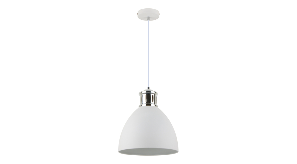 Lampa MENSA w białej oprawie z chromowanym wykończeniem to oświetlenie, którym podkreślisz wnętrze urządzone w stylistyce jasnego  loftu.