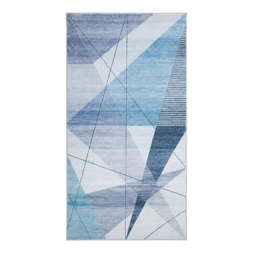Dywan geometryczny niebieski PUERTO 80x150 cm wykonany z przędzy poliestrowej.