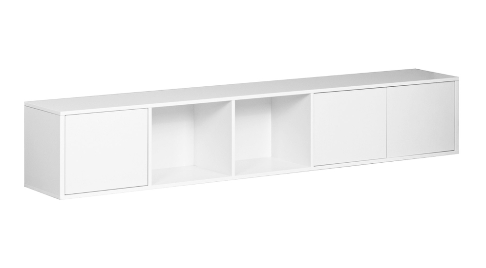 Biała nadstawka półkotapczanu z 2 otwartymi półkami i 2 szafkami.