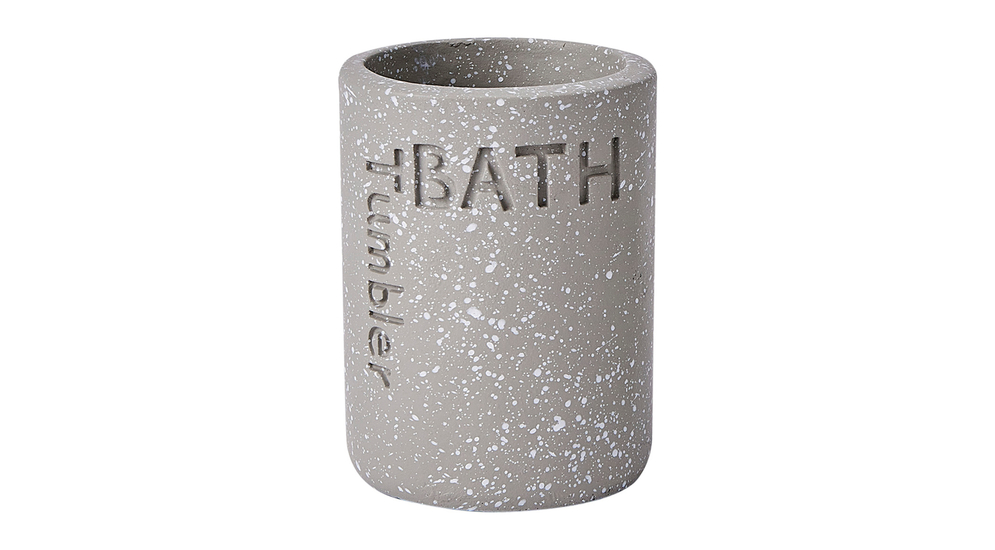 Kubek łazienkowy na szczoteczki cement z napisem bath szary 10,2 cm