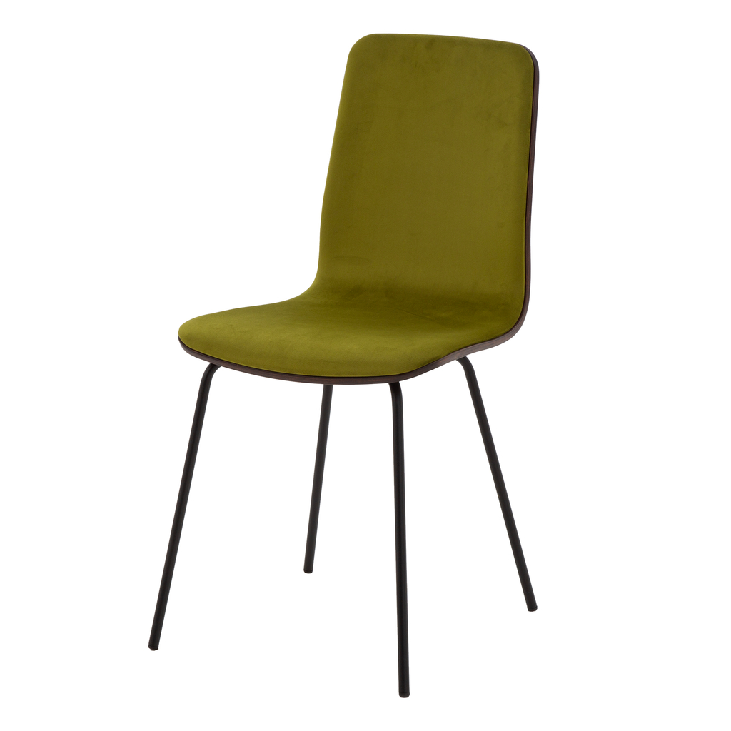 Krzesło welurowe VINGE z zieloną tapicerką na metalowych nogach do nowoczesnej jadalni.