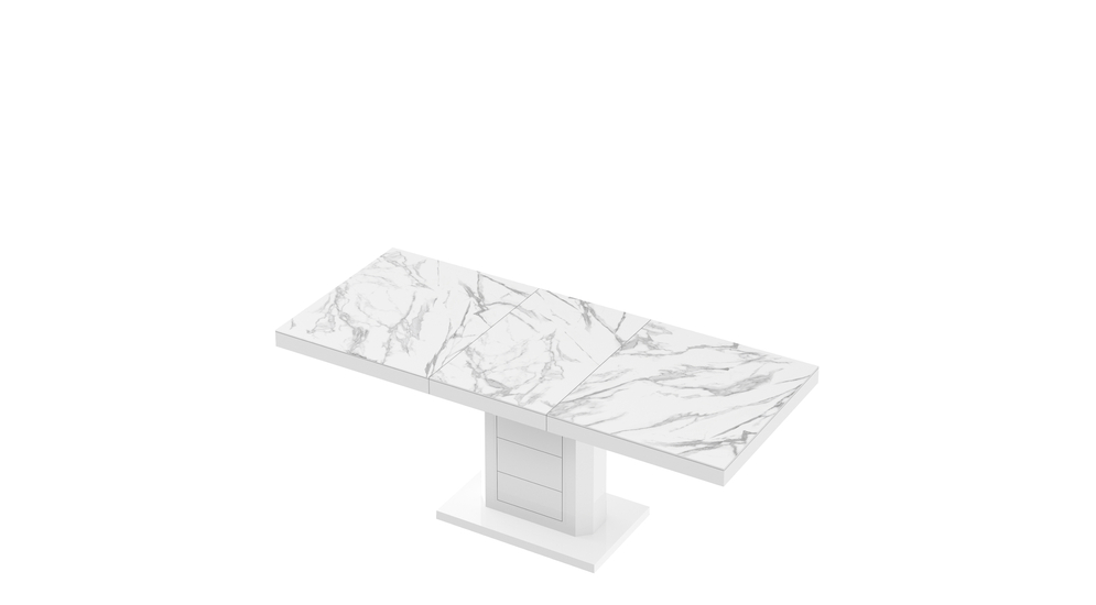 Stół rozkładany biały z ozdobnym blatem.