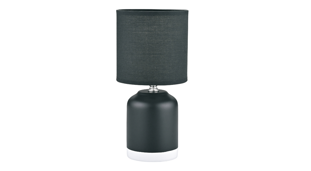 Lampa ceramiczna stołowa z czarnym abażurem.