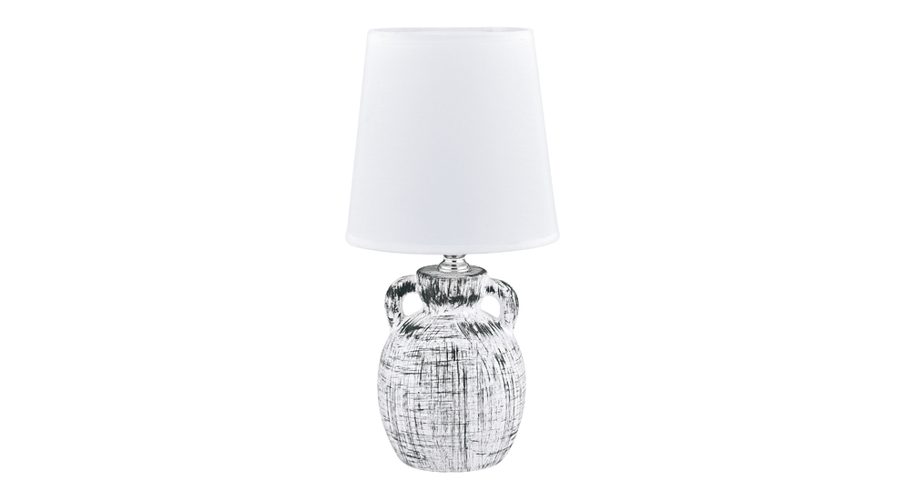 Biała, ceramiczna lampa o kształcie amfory z abażurem.