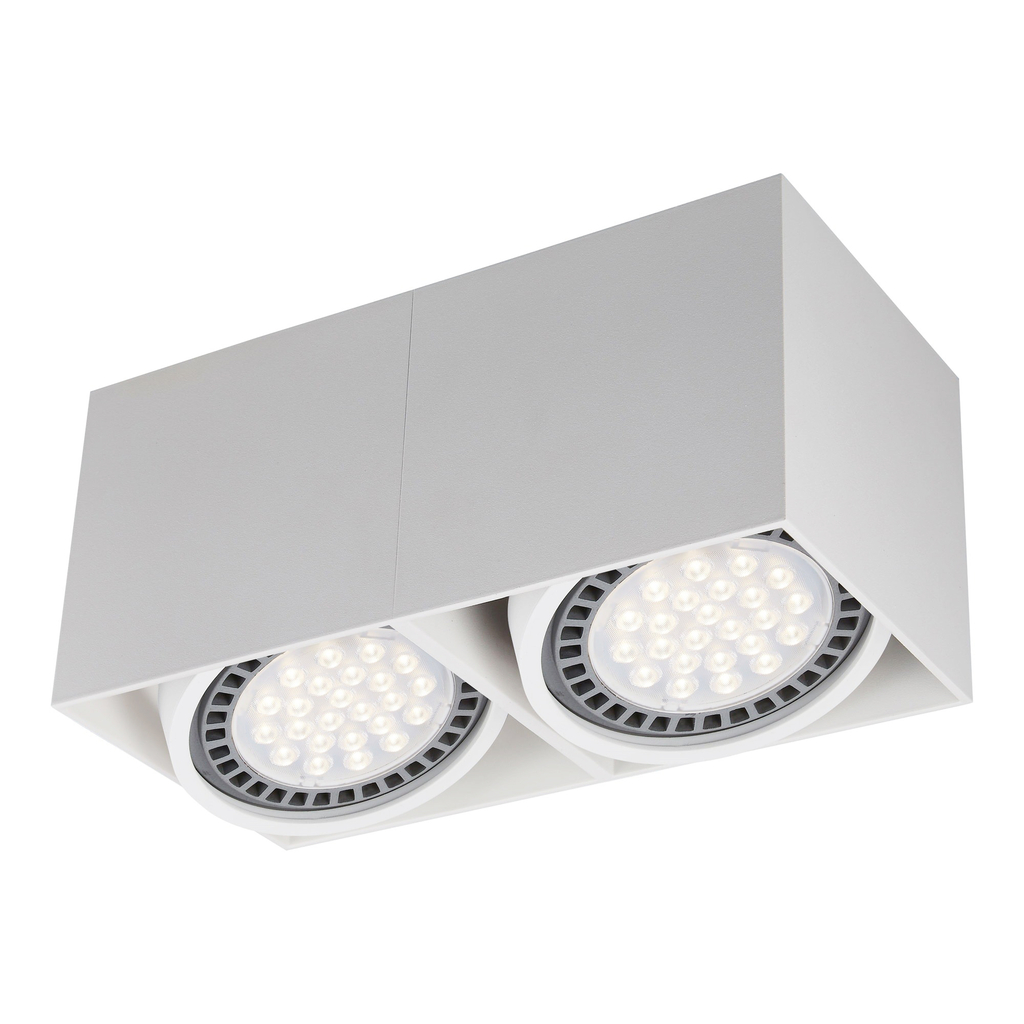Natynkowy biały reflektor 2-punktowy BOX został zaprojektowany z myślą o kameralnych wnętrzach. Wykonana z aluminium obudowa lampy jest lekka i trwała. Konstrukcja umożliwia regulację ustawienia każdego z 2 punktów świetlnych.