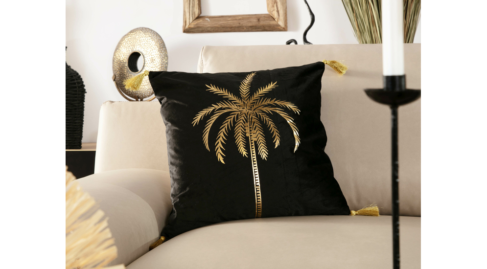 Poszewka welurowa czarna ze złotą palmą PALOMA 45x45 cm