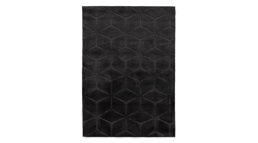 Dywan geometryczny czarny TULSA 120x170 cm wykonany z przędzy poliestrowej do wnętrza w stylu glamour.