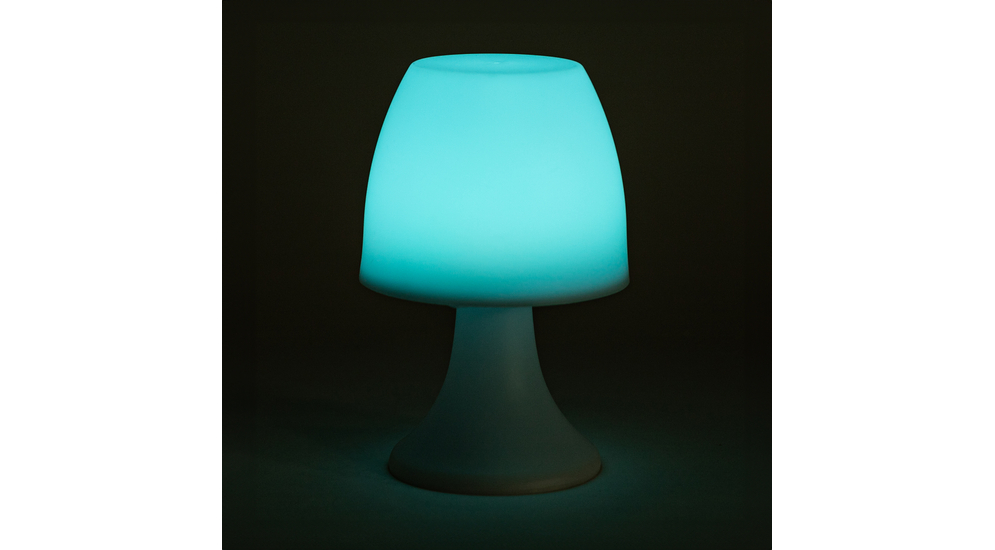 Biała lampa stołowa LED RGB ozdobi i oświetli wnętrze całą paletą barw.