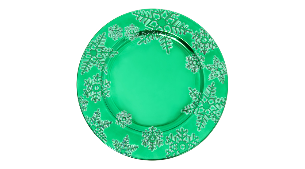 Talerz dekoracyjny podtalerz zielony w śnieżynki 33 cm