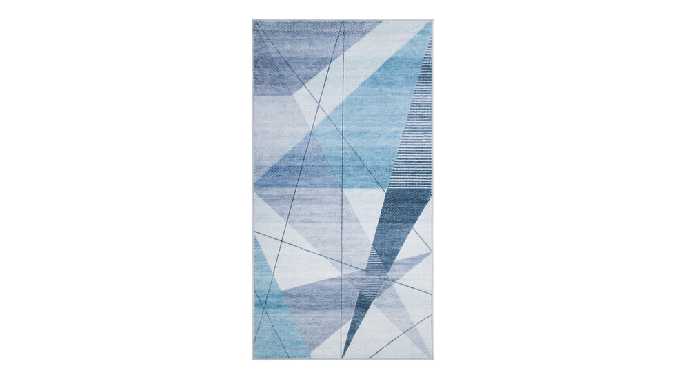 Dywan geometryczny niebieski PUERTO 80x150 cm wykonany z przędzy poliestrowej.