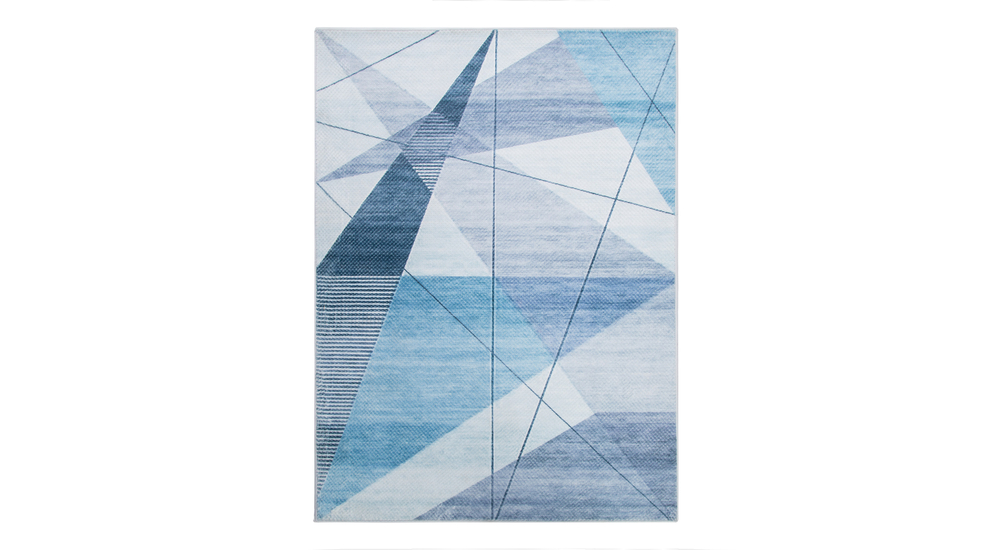 Dywan geometryczny niebieski PUERTO 160x230 cm wykonany z przędzy poliestrowej.