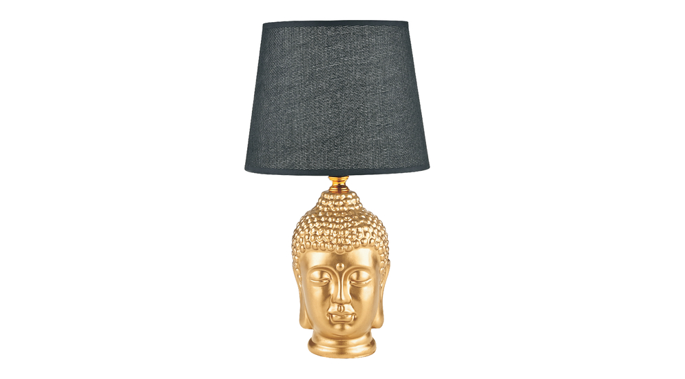Złoto-czarna lampa stołowa Budda, ceramiczna z abażurem, idealna do sypialni i salonu.