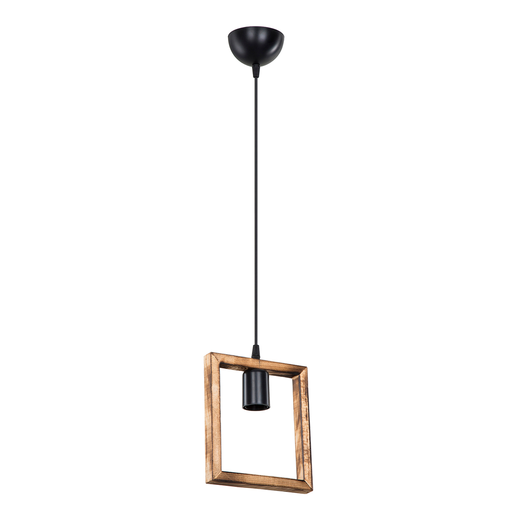 Oprawę i zarazem element ozdobny lampy ATRIA stanowi prosta ramka wykonana z drewna. Środek jej konstrukcji zdobi pojedyncza żarówka.