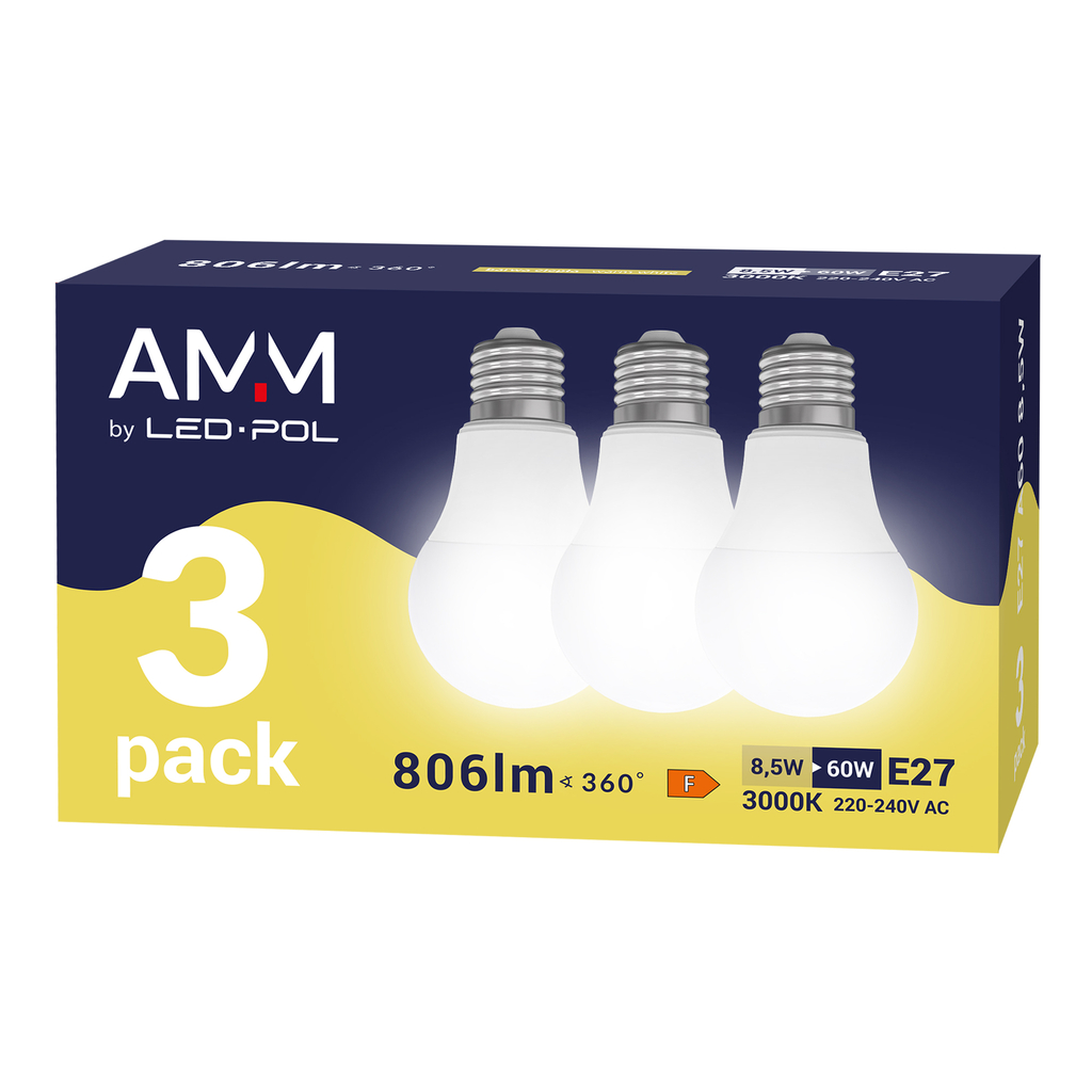AMM-E27-A60-8,5W-WW zamontujesz w przeważającej większości lamp wiszących, sufitowych i podłogowych. To odpowiednik tradycyjnej 60-watowej żarówki, która idealnie nadaje się, by rozświetlić salon lub jadalnię.