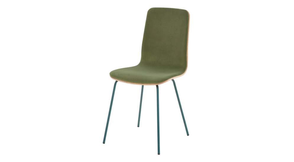 Krzesło VINGE oliwkowe z welurową tapicerką na metalowych nogach do nowoczesnej jadalni.