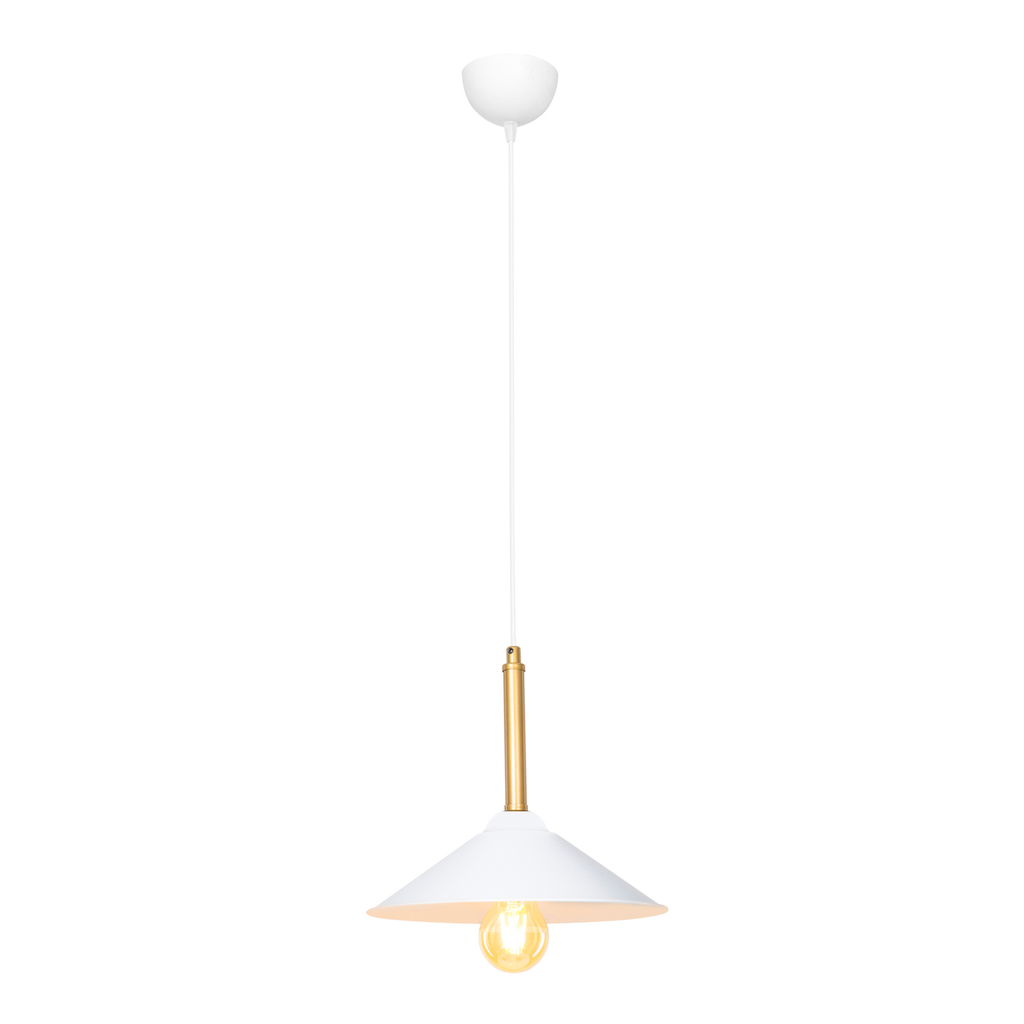 MANDARIN to pojedyncza lampa wisząca z trapezowym kloszem oraz dekoracyjnym elementem w złotym kolorze.