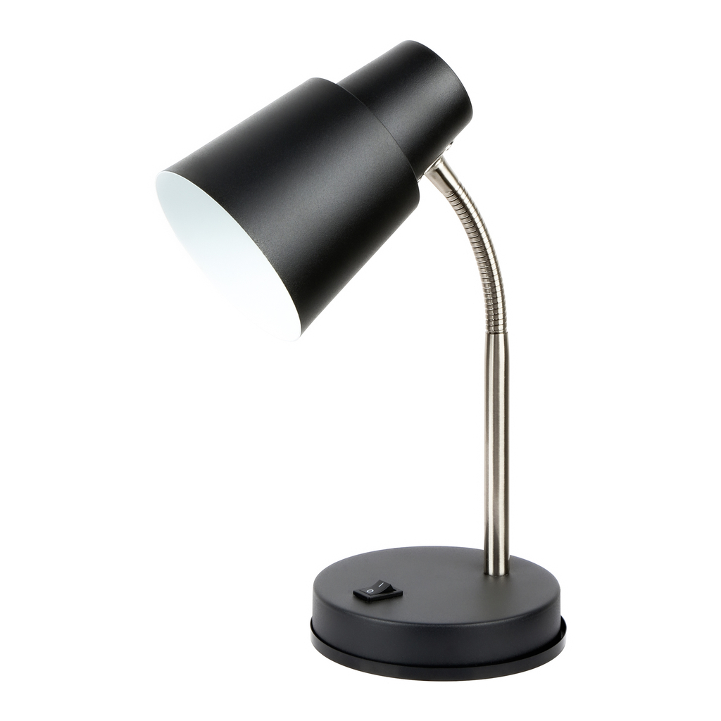 Czarna lampa biurkowa z regulowanym ramieniem idealnie sprawdzi się w pokoju młodzieżowym, gabinecie, jak również w kąciku majsterkowicza.