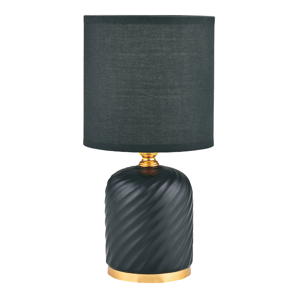 Lampa stołowa o ceramicznej podstawie ozdobiona falistym wzorem i dekorem w złotym kolorze.