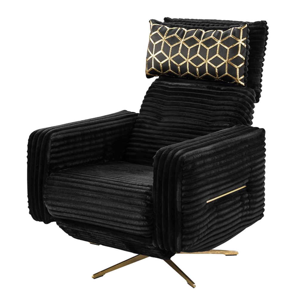 Fotel czarny z grubego sztruksu z funkcją relaks i zdobioną poduszką.