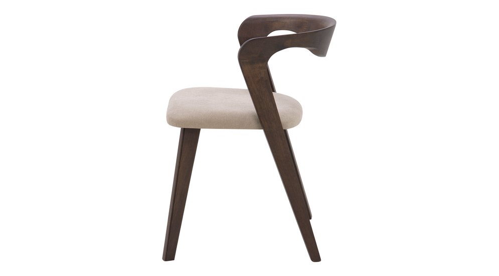 Krzesło tapicerowane IMPREVO w kolorze ciemnego drewna na drewnianych nogach.