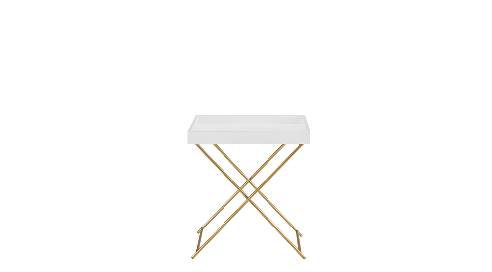 Biały stolik pomocniczy ze złotymi nogami.