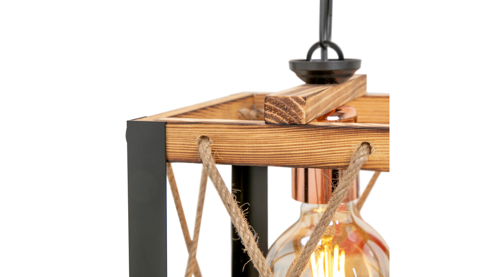 FARAH łączy cechy nowoczesnego, rustykalnego i loftowego oświetlenia. Jej atutem są naturalne komponenty w postaci drewna, metalu i liny z naturalnego tworzywa.