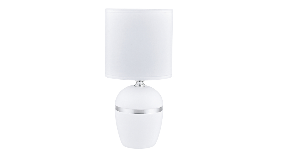 Ceramiczna lampa stołowa ze srebrnym paskiem posiada oprawę dla 1 żarówki typu E14 i mocy maksymalnej 40W.