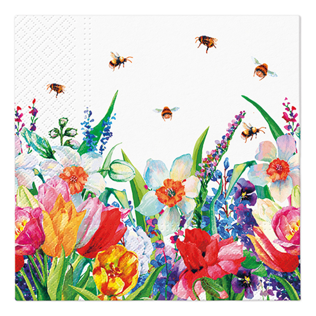 Papierowe serwetki z kolorowymi kwiatami i latającymi pszczołami