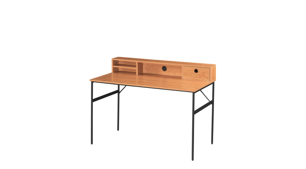 Industrialne biurko z nadstawką z szufladą, 2 półkami i otworem na kable.
