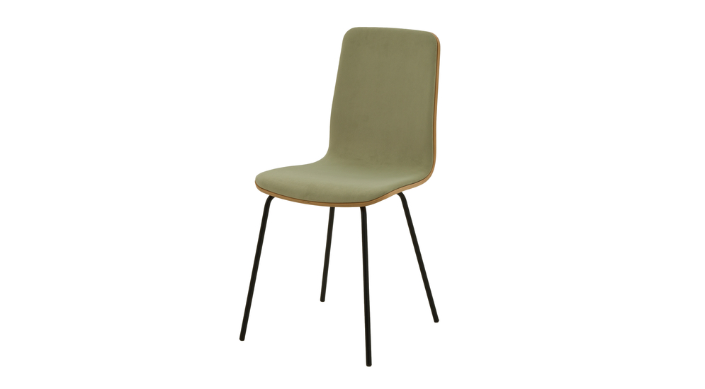 Krzesło VINGE z jasnozieloną tapicerką na metalowych nogach do nowoczesnej jadalni.