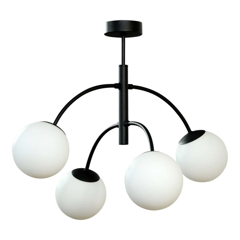 Lampa sufitowa VOLTA w czarnym kolorze to oświetlenie, którym możesz udekorować do salon, jadalnię lub sypialnię. 4 mlecznobiałe klosze całkowicie osłaniają zamknięte w nich żarówki. Wykończenie lampy jest w czarnym kolorze.