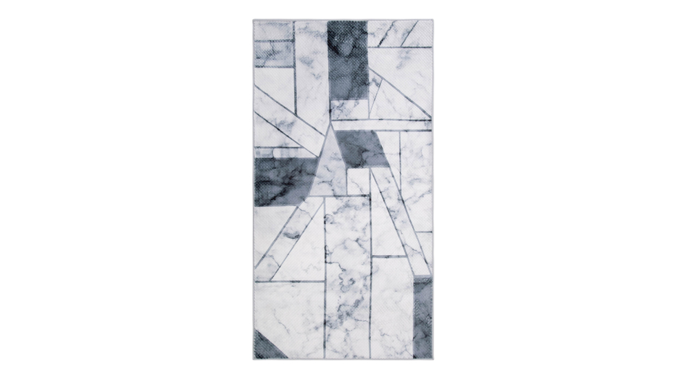 Dywan geometryczny szary marmur PUERTO 80x150 cm wykonany z przędzy poliestrowej.