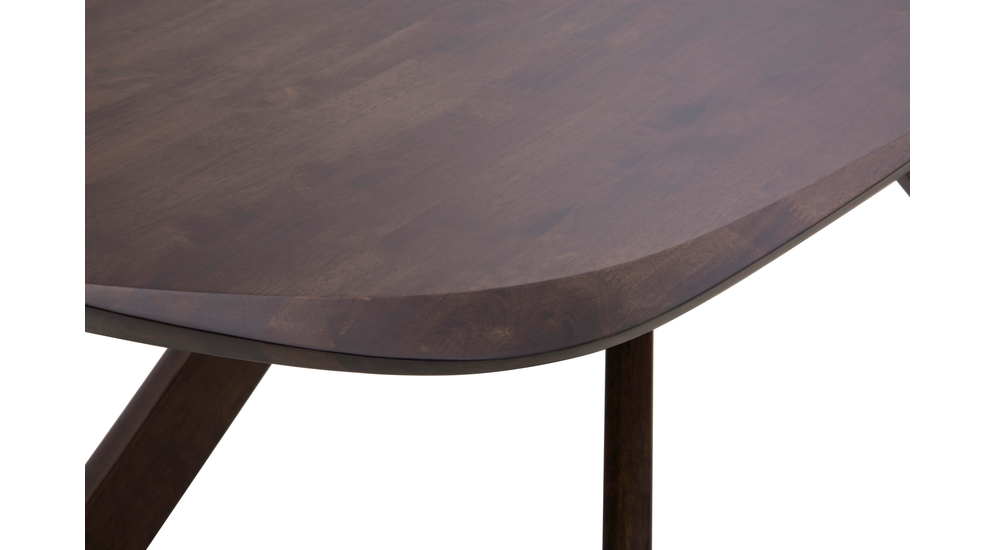 Blat stołu IMPREVO w kolorze ciemnego drewna do stylowej jadalni utrzymanej w nowoczesnym stylu, zbliżenie.