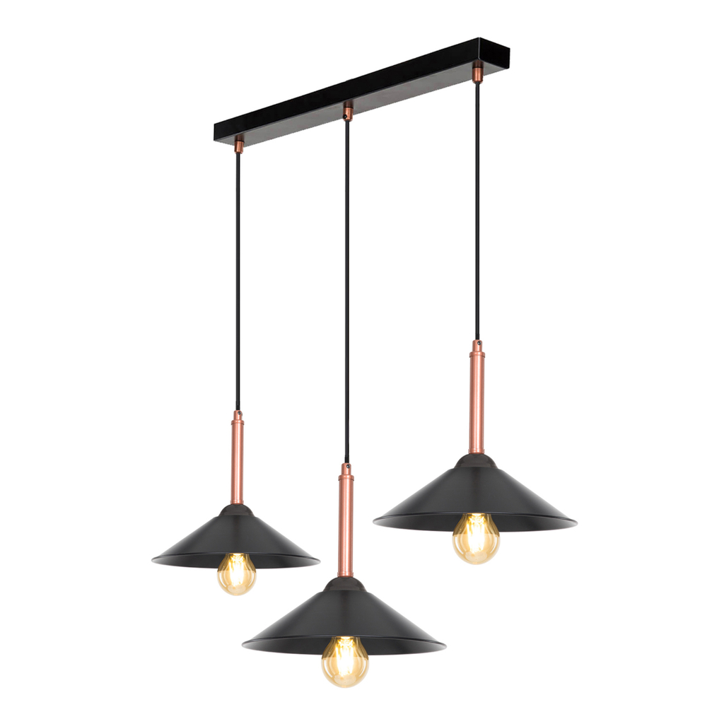 MANDARIN to lampa wisząca z 3 trapezowymi kloszami oraz dekoracyjnym elementem w miedzianym kolorze.