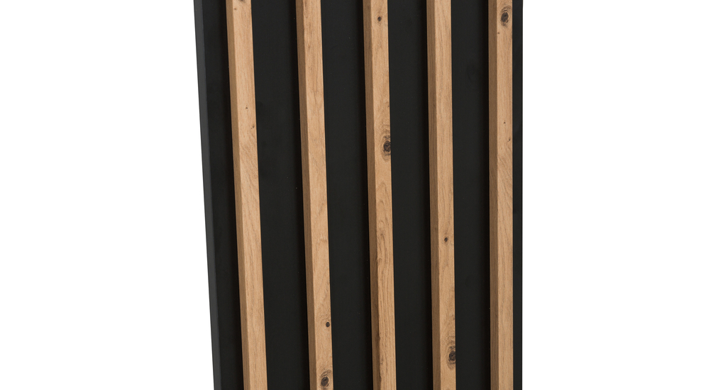 Front drzwi PALO składa się z 2 idealnie dopasowanych elementów: płyty w czarnym kolorze oraz ozdobnych lameli w odcieniu dębu artisan.