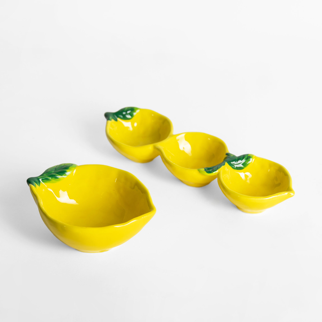 Żółte potrójne naczynie w kształcie cytryn i miska