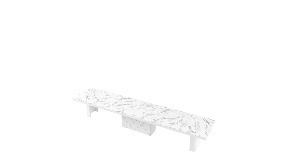 Stół KOLOS MAX z rozłożonym ozdobnym blatem w marmur marble.