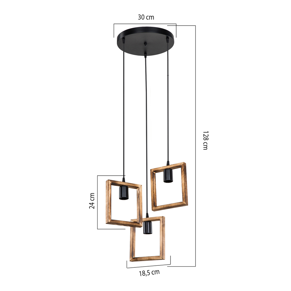 Oprawę i zarazem element ozdobny lampy ATRIA stanowi prosta ramka wykonana z drewna, której środek zdobi pojedyncza żarówka.

Na okrągłej, montowanej pod sufitem podstawie zostały zawieszone koncentrycznie 3 ramki, każda ozdobiona pojedynczą żarówką.