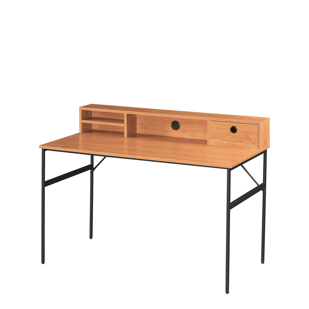 Industrialne biurko z nadstawką z szufladą, 2 półkami i otworem na kable.