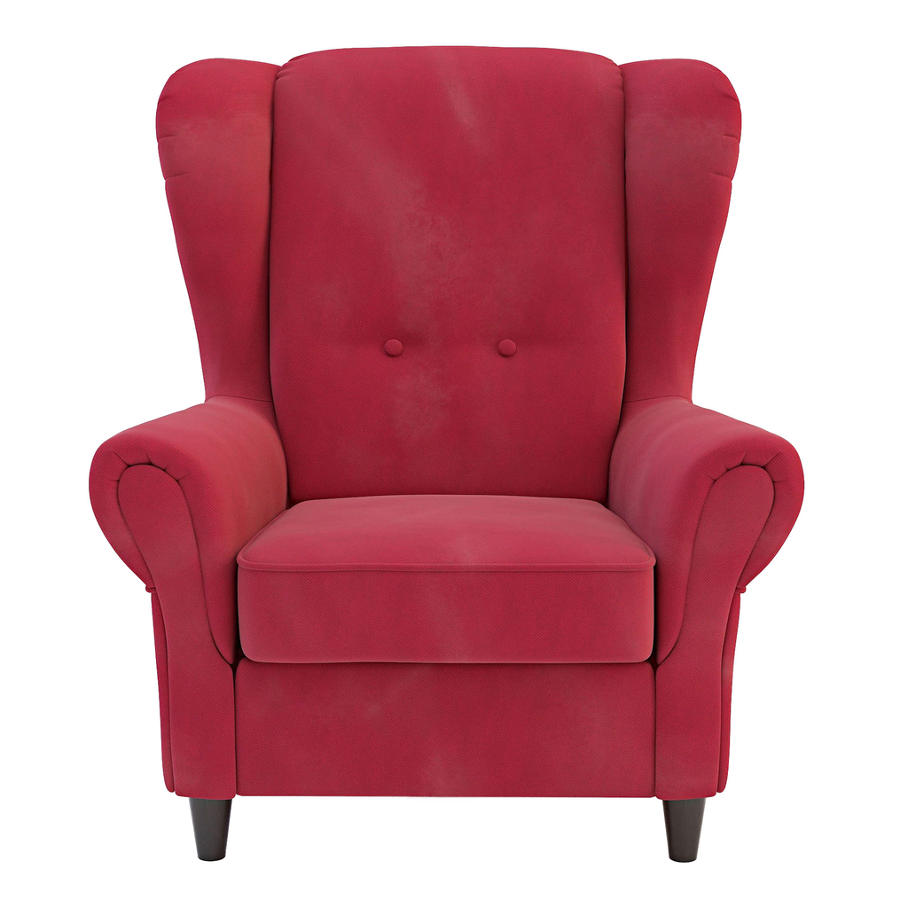 czerwony welurowy uszak fotel z podłokietnikami