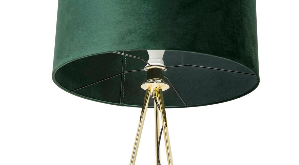 Lampa na złotym trójnogu abażur welur zielony INGA