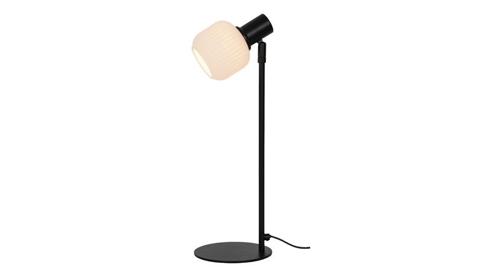 Lampa stołowa STEM to niezawodne oświetlenie dla kameralnych pomieszczeń. Posiada regulowany klosz w białym kolorze i oprawę dla żarówki typu E14.