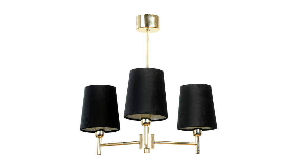 Czarno-złoty model lampy wiszącej  MOSSY posiada podstawę z 3 prostymi, wykończonymi złotym kolorem ramionami. Konstrukcję wieńczą 3 abażury z tkaniny.