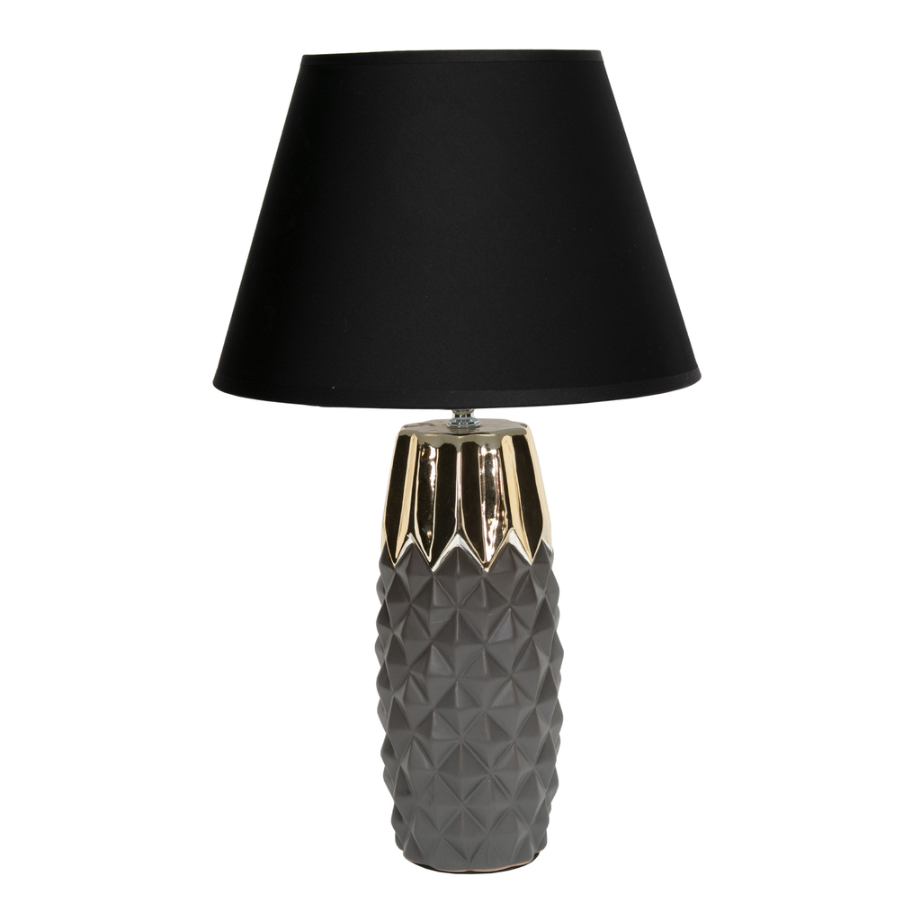 Lampa stołowa ceramiczna szaro - złota, czarny abażur, 49 cm