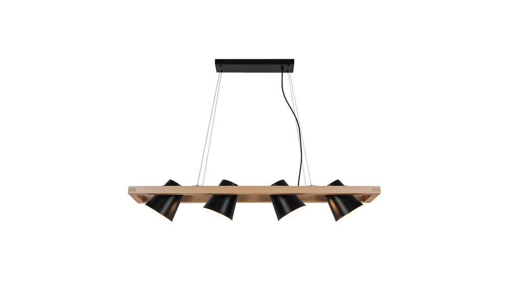 ELTI to lampa wisząca z drewnianą oprawą oraz 4 regulowanymi kloszami w czarnym kolorze.