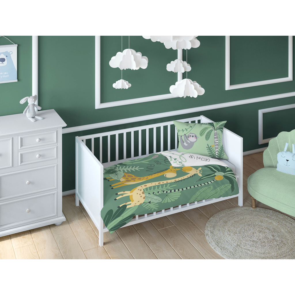 Pościel bambusowa do łóżeczka dla niemowląt zielona ŻYRAFA 90x120 cm