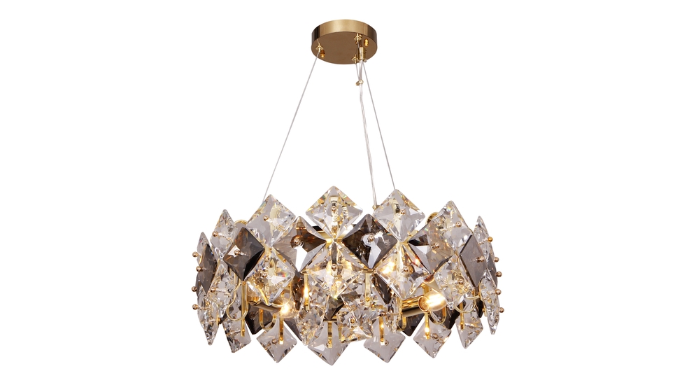 TIARA to lampa sufitowa o wykończeniu w kolorze złota i ozdobami ze szkła transparentnego i przydymionego.