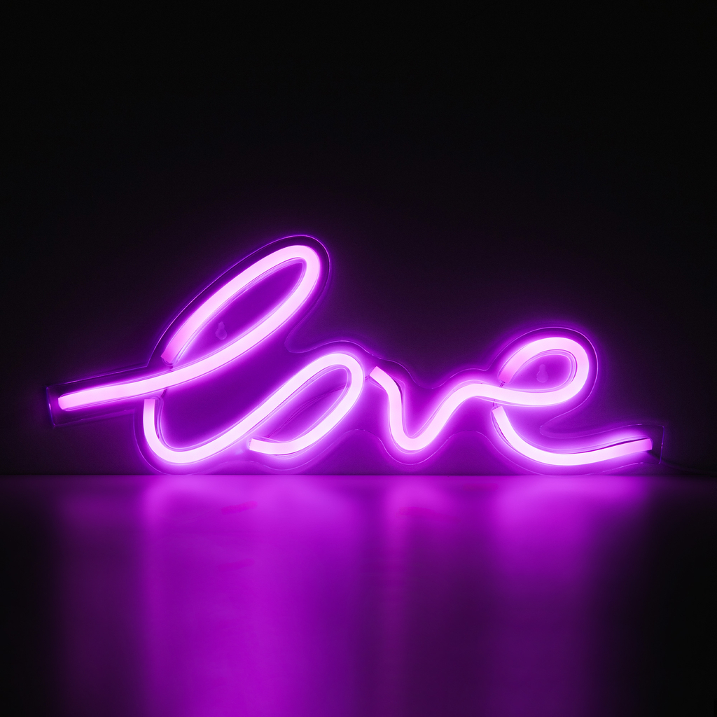 Dekoracja LED NEON LOVE rozjaśnia pokój różowo-fioletowym światłem.